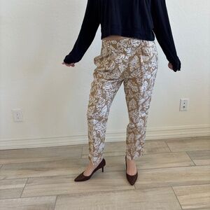 Alfani Linen Tropical Monstera Leaf Print Tapered Pants - Tan/White, size 4